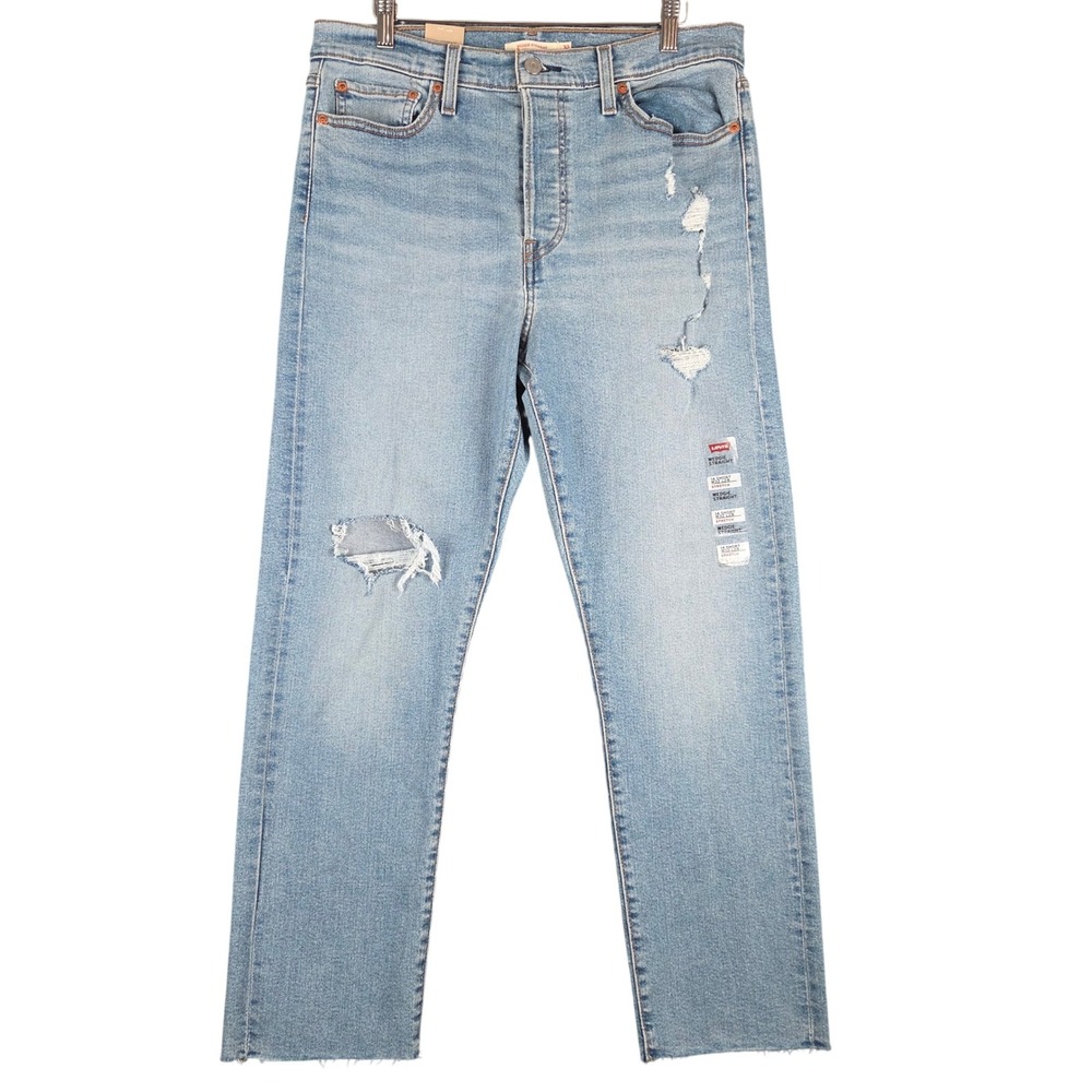 Levis Wedgie Straight Jeans 14 Short W32 L28 High Rise Light Wash Distressed New